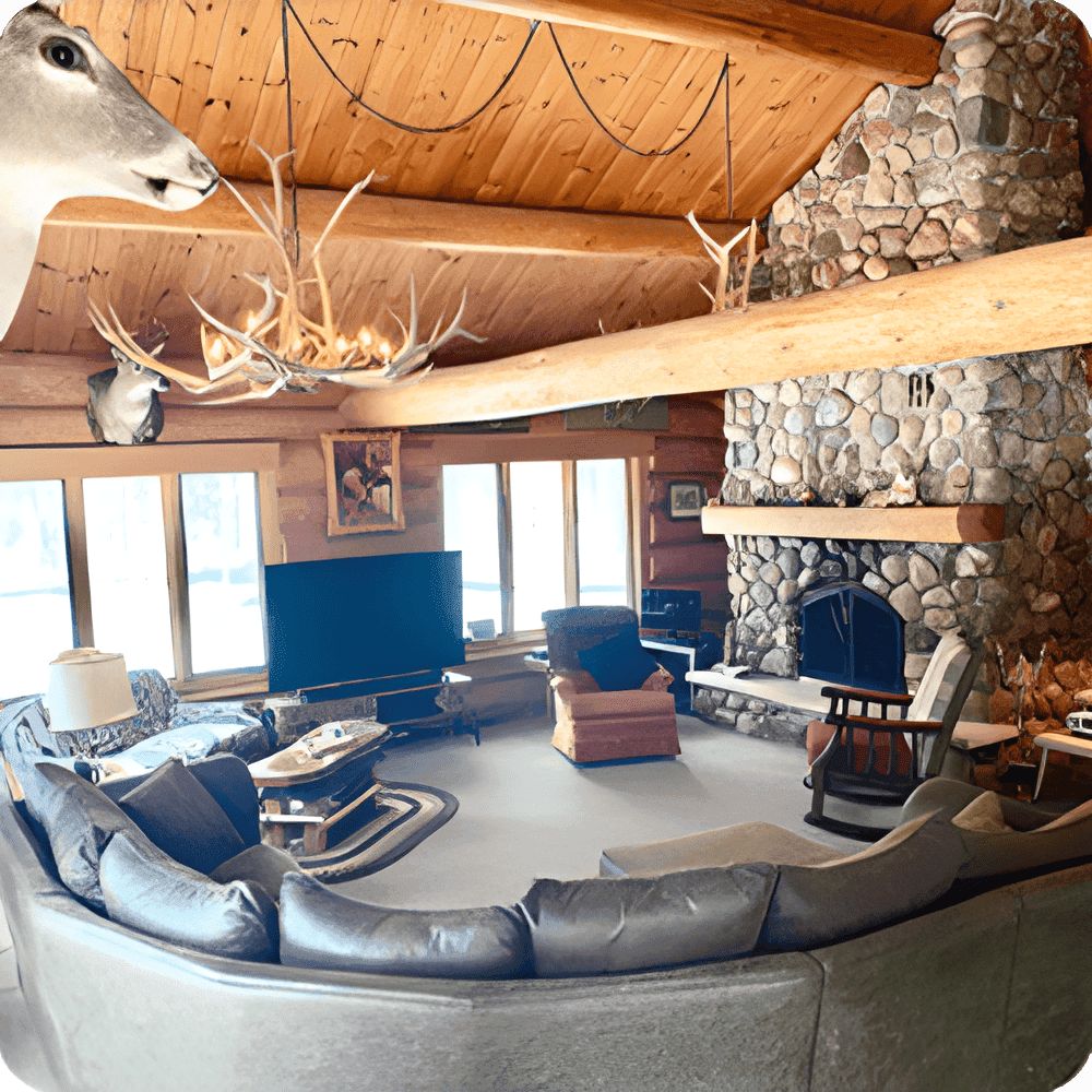 living area and stone fireplace at vanargand lodge